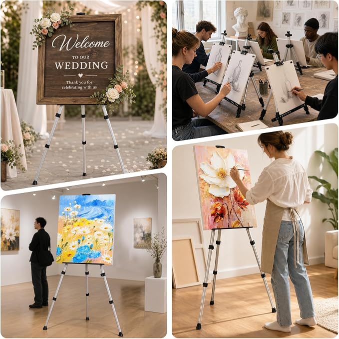 Art Painting Easel Stand, Adjustable Display Tripod Artist Floor Sign Easel | Portable 66 inches Aluminum Metal Silver Stand with 1 Bag for Table-top/Floor Drawing, Sturdy for Canvases Displaying