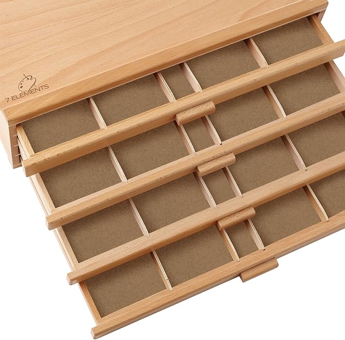7 Elements 4 Drawer Wooden Artist Storage Supply Box for Pastels, Pencils, Pens, Markers, Brushes and Tools