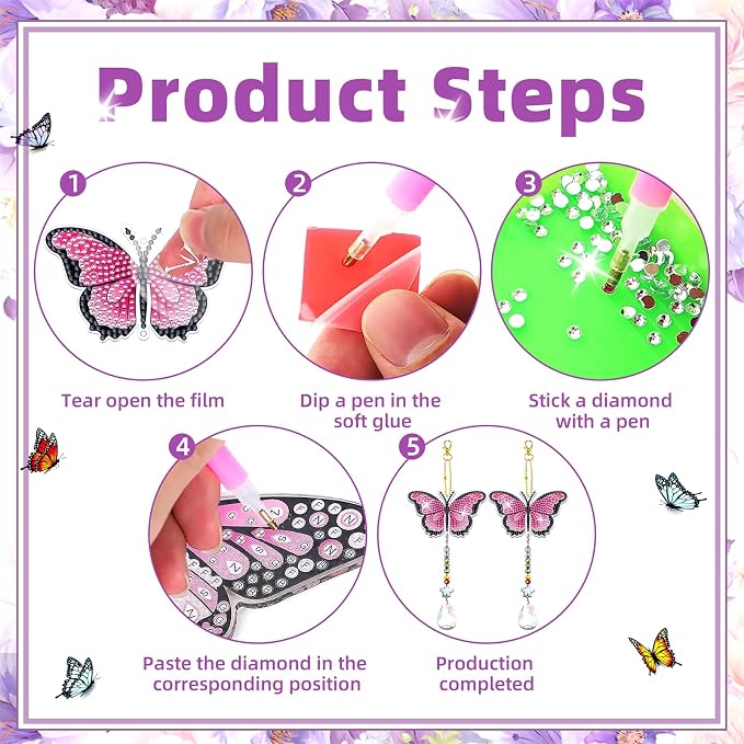 6 Pcs Diamond Painting Butterfly Wind Chimes Kits 5D DIY Crystal Diamonds Painting Suncatcher Christmas Ornament Double Sided Diamond Art Keychains Pendant Best Gifts for Mom