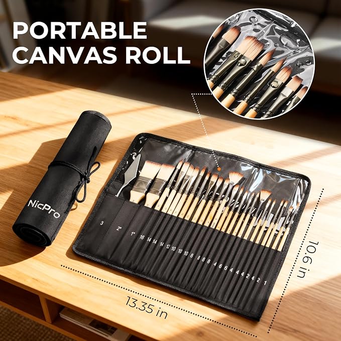 Nicpro 26pcs Professional Paint Brush Set with Palette Knife & Canvas Roll | Artist Paint Brushes for Acrylic Painting, Oil, Watercolor & Gouache, Adults Art Painting Tools Supplies