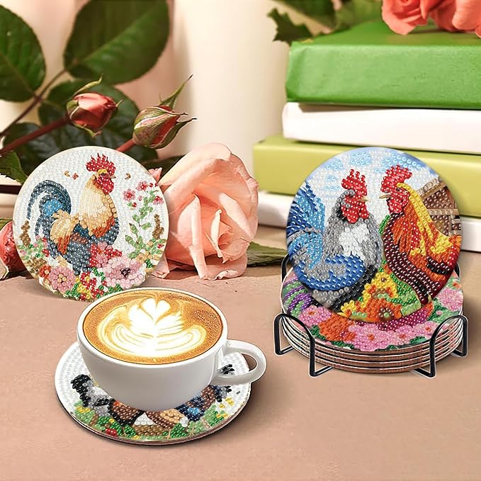 askkqtx 8 Pcs Chicken Diamond Art Coasters Kits with Holder 4X4 Inch