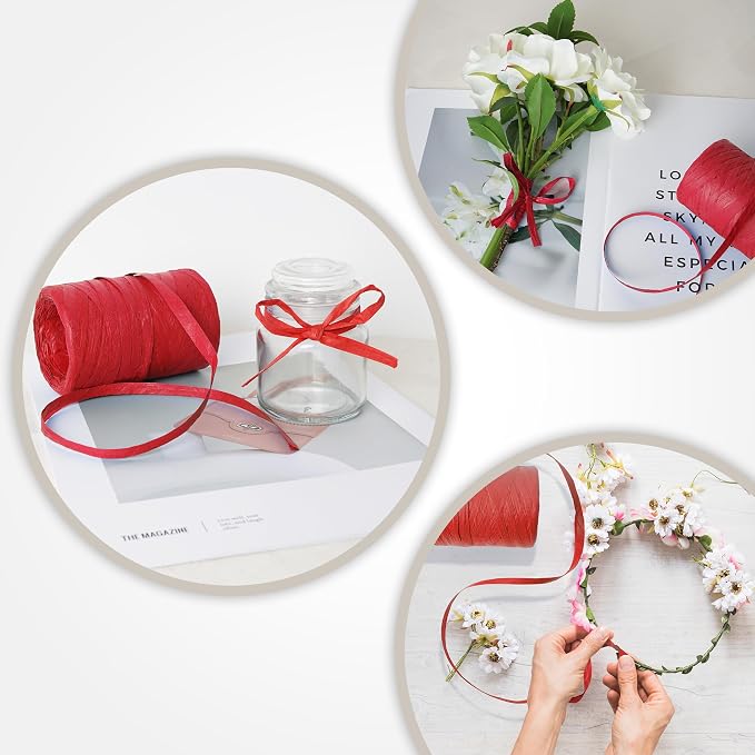 Raffia Ribbon Yarn for Crafts - Raffia Grass Twine for Gift Wrapping, DIY Decoration, Blinds & More | Matte String Paper Rope - 1/4'' Wide, 109 Yards, Red