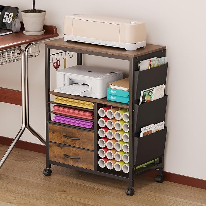 Craft Organizer and Storage Cart Compatible with Cricut Machine Stand Rolling Craft Cabinet Table with Drawers Shelf Vinyl Roll Holders Accessories Holder Tool Hooks for Craft Workstation Room-Brown