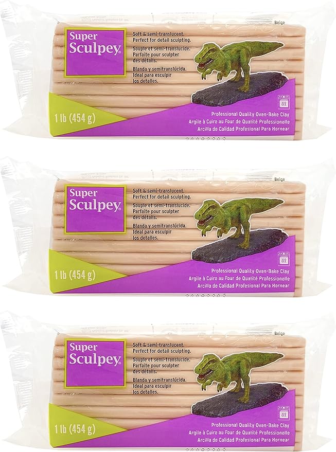 Super Sculpey Beige Oven-Bake Clay Ceramic-Like Sculpturing Compound - Semi-Translucent Finish, Shatter and Chip Resistant – 1 LB, Pack of 3