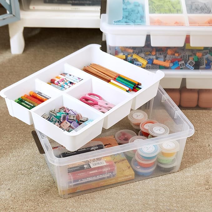 MACOPRO 17QT Clear Plastic Box Craft Storage Bin with Removable Tray & Lid | 1-pack container, art supply organizer for playdoh, sewing, beads & craft tools, space-saving stackable bins organization