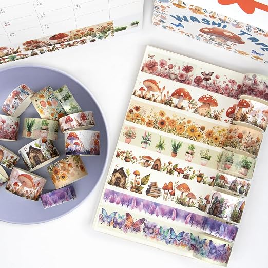 Washi Tape Set 13 Rolls - Mushroom Butterfly Floral Decorative Tape for Scrapbooking Supplies, Junk Journal, DIY Crafts, Arts