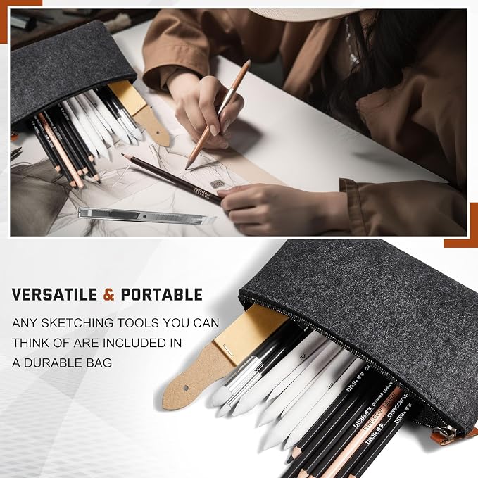 Kosiz 18 Pcs Charcoal Drawing Set Sketch Kit Black Charcoal Pencils, White, Double Headed Blending Sponge Pen Blending Stumps Sanding Block Knife Pencil Case, Artist Pencils for Beginners and Artists