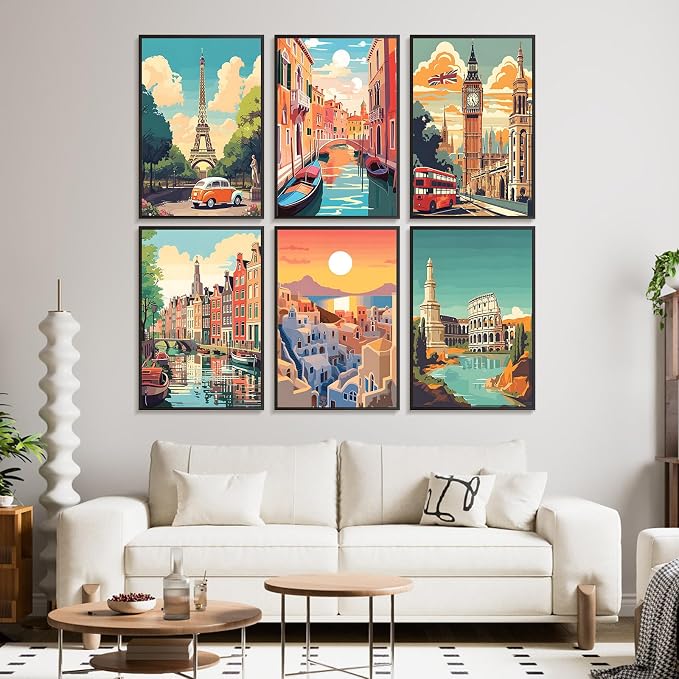 Offito 6 Pack Paint by Numbers Kit for Adults, Travel Cityscape, 8x12 Inch | Acrylic Vintage Number Painting Set, DIY Canvas Art Craft Kit for Beginner, Home Decor, Stress Relief Relaxing Hobby Gift