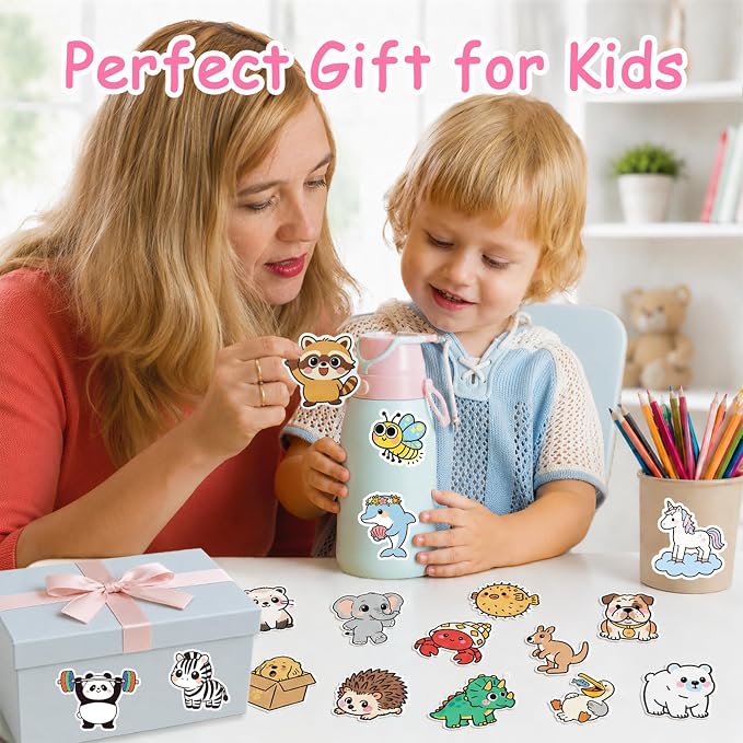 EOAOD 200 Pcs Cute Animal Water Bottle Stickers for Kids, Waterproof Vinyl | No Repeats, Perfect for Classroom Rewards, Party Favors, Goodie Bags, Scrapbooking, Crafts and Gifts for Boys and Girls
