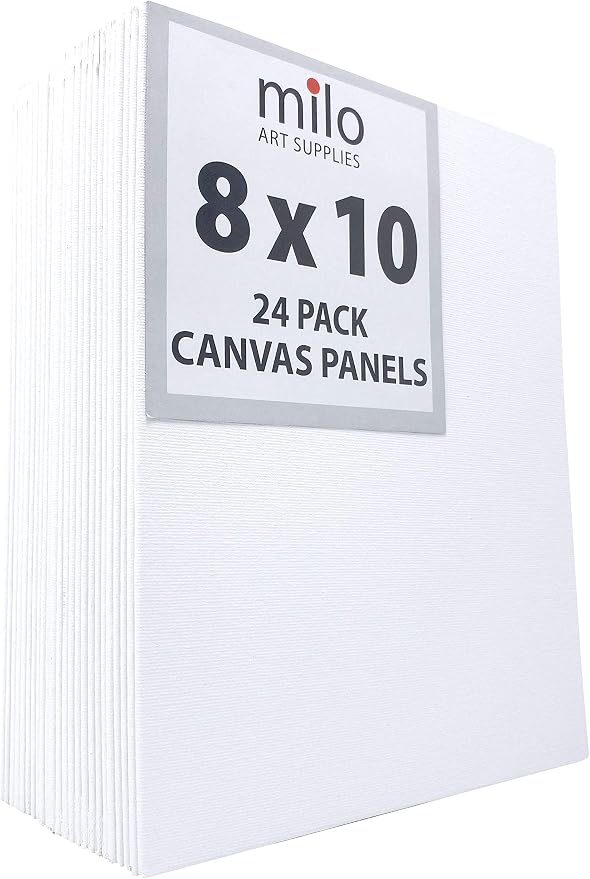 milo Canvas Flat Panel Boards for Painting, 8x10 inch, 24 Pack, White | Primed & Ready-to-Paint Art Supplies for Acrylic, Oil, Mixed Wet Media, & Pouring, Bulk, Painting Party Pack, Blank, Cotton