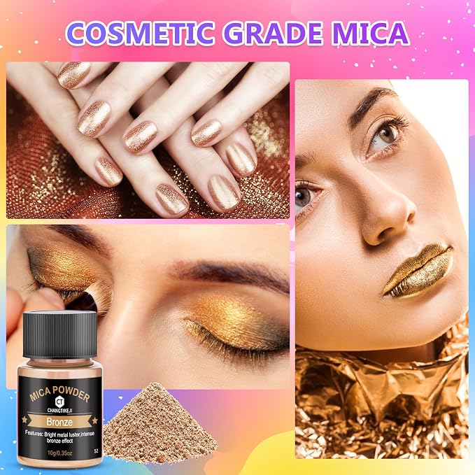 Mica Powder 12 Colors Pearlescent Pigment - for Resin Epoxy, Soap Making, Nail Polish, Lip Gloss, Eye Shadow, Bath Bomb, Slime & Candle - 10g Each Bottle(Mica Iron Metal Hues)