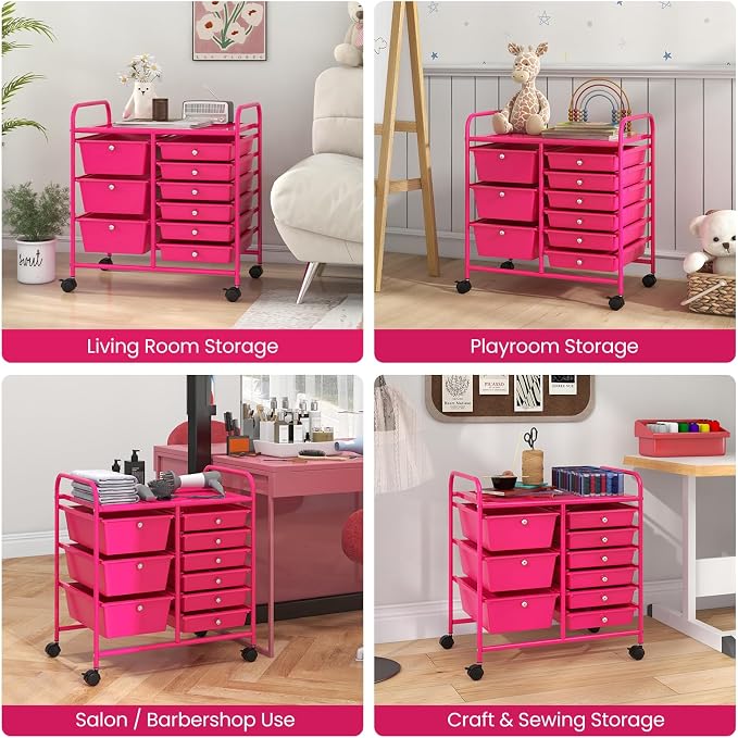 Giantex 9 Drawers Rolling Cart, Classroom Organizers, Storage Cart with Wheels, for Teacher Office Home School Supplies Tool Craft Art Paper, Hot Pink