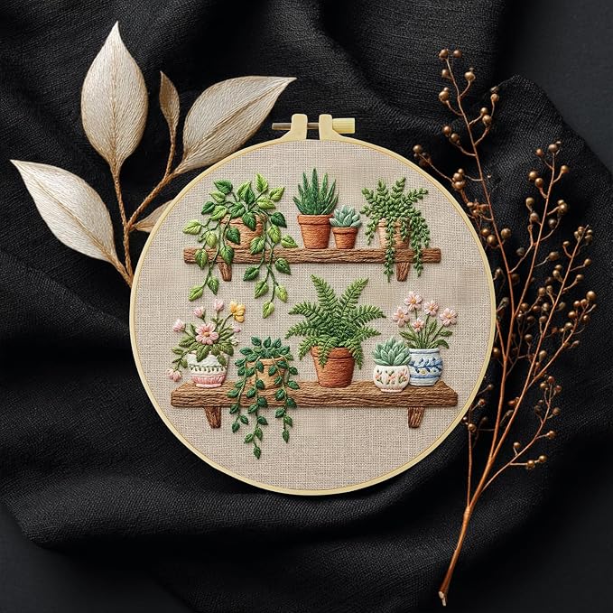 Full Range Embroidery Kit for Adult, Green Plant Pattern Embroidery Kit for Beginners Include Embroidery Cloth Hoops Threads for Craft Lover Hand Stitch with Embroidery Skill Techniques (Book Flowers)