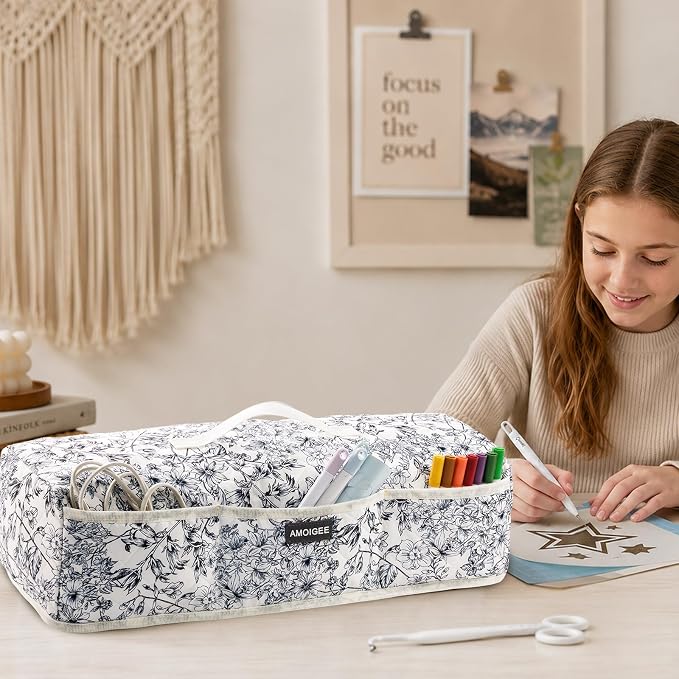 AMOIGEE Dust Cover for Latest Cutting Machine Cricuttt Explore 5, Quilted Protective Cover with Storage Pockets for Cutting Machine, Floral Fabric Anti-Dust Cover for Craft Machine Organizer