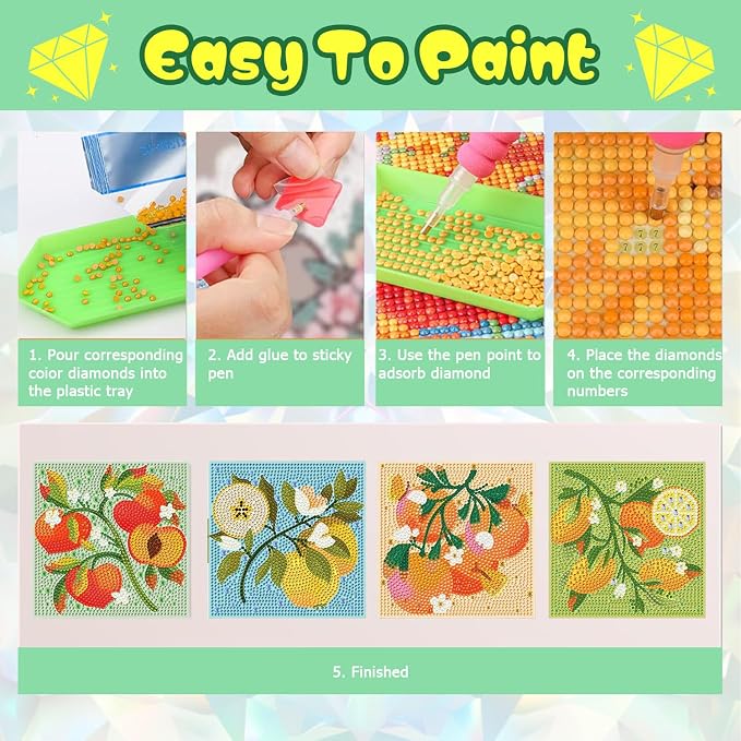 4 Pack Diamond Art Painting Kits for Kids, Small Diamond Art Kids 6x6 Inch | Fruit Diamond Art for Kids Ages 4-6-8-12 , Small Diamond Art Kits for Kids, Easy Art and Craft for Kids (no Frame)