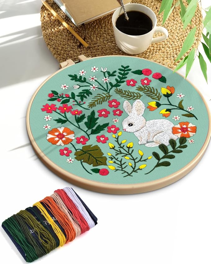 TINDTOP Embroidery Kit for Beginners Adult, Rabbit Embroidery Kit | Include Embroidery Cloth Hoops Threads for Craft Lover Hand Stitch with Embroidery Skill Techniques