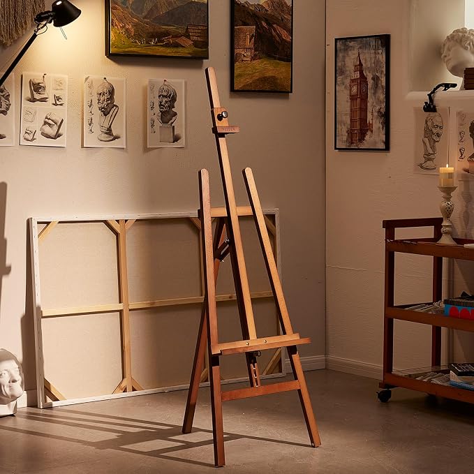 MEEDEN Painting Wooden Art Easel: Solid Beechwood, Hold Canvas up to 43" | Adjustable Height from 57"-76" for Studio Gallery, Multiple Work Angles A-Frame Easel for Adults Artists Beginners, Walnut
