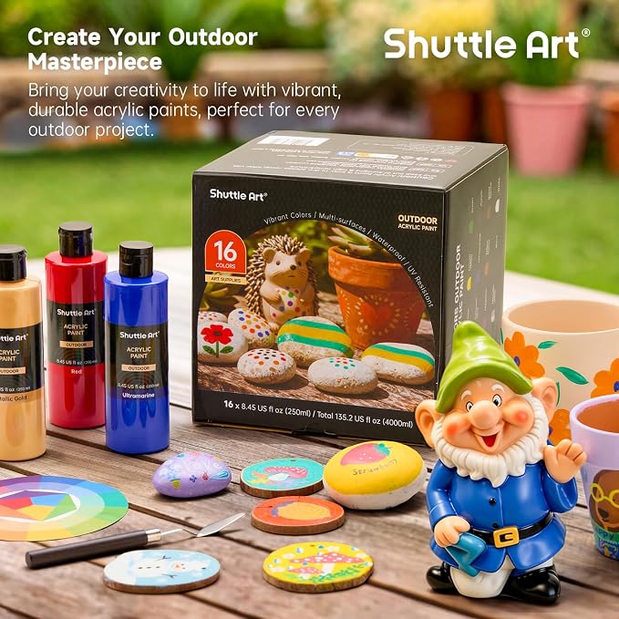 Shuttle Art Outdoor Acrylic Paint Set, 16 Colors Waterproof Paint, 8.45oz Large Bottles, Rich Pigmented Bulk Painting Supplies for Artists, Beginners on Rocks, Wood, Wall, Crafts, Garden Statues