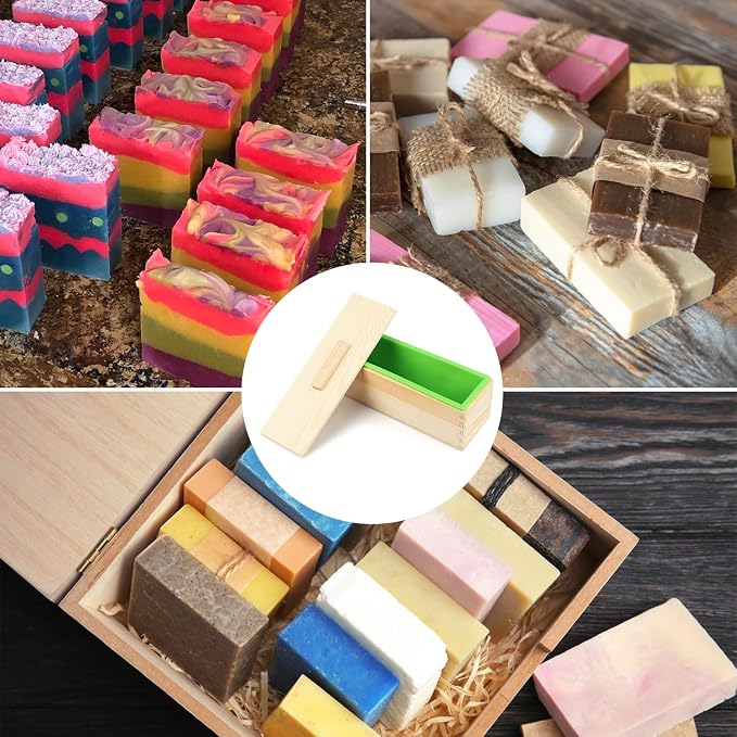 Geytetqi 6 Packs 42oz Soap Loaf Wood Box for Soap Making, Premium Silicone Loaf Soap Mollds with Wooden Box and Lid, Ideal for Large Size Homemade Soaps, Flexible and Heat Resistant(Green &Blue)