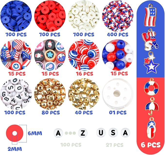Gionlion 4th of July Decorations Bracelet Making Kit with Patriotic Letter Beads, Red White and Blue Clay Beads for Independence Veterans Day Party Favors, DIY Gifts with America Flag