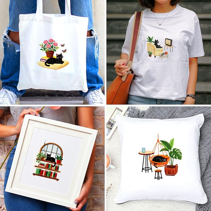 BEUNITONE 4 Set Embroidery Kit for Beginners, Daily Life of Cats Patterns Cross Stitch Kits, Needlepoint Kits for Adults with Hoop, Cute Hand Embroidery Patterns for Cloth and Home Decor