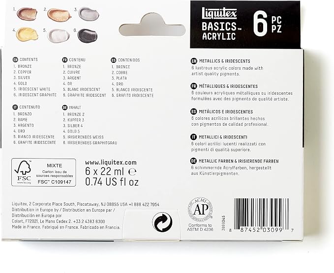 Liquitex BASICS Acrylic Paint Set, 6 x 22ml (0.74-oz) Tubes, Metallics | Medium Viscosity, Satin Finish, Lightfast, Fine Art Pigments, Range of Opacities, Easy Blending