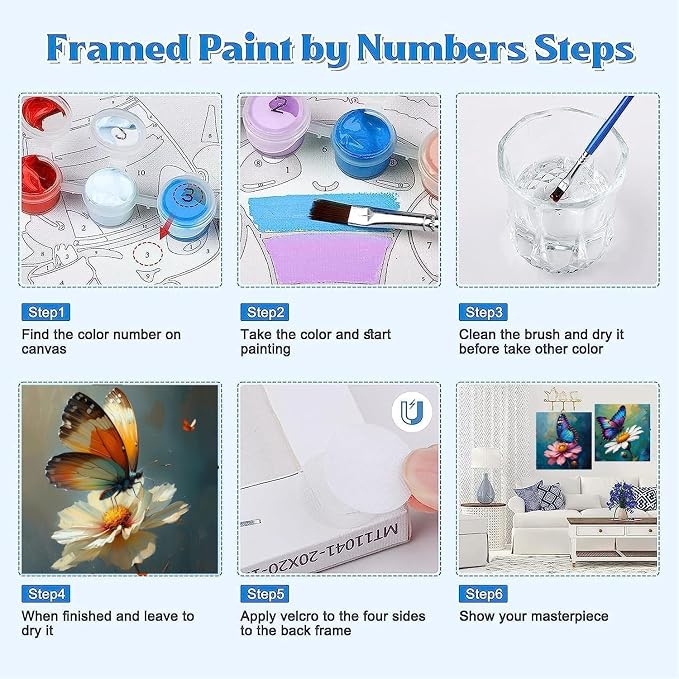 Canrichshop 4 Pack Butterfly Paint by Numbers for Beginner with Frame,Colorful Butterfly Adult Paint-by-Number Kits on Canvas, DIY Number Painting for Adults for Decor 8X 8 inch