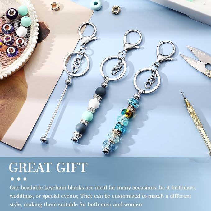 Tondiamo 12 Pcs Beadable Keychains Bars Bulk Blank Beaded Metal Keychain for Craft DIY Gift