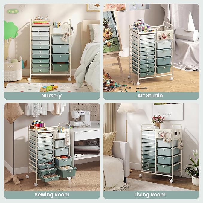 Giantex 14 Drawer Storage Cart, Rolling Craft Cart with Metal Tabletop & Pegboard, Mobile Utility Organizer Trolley with Locking Wheels, Home Office, Green Gradient