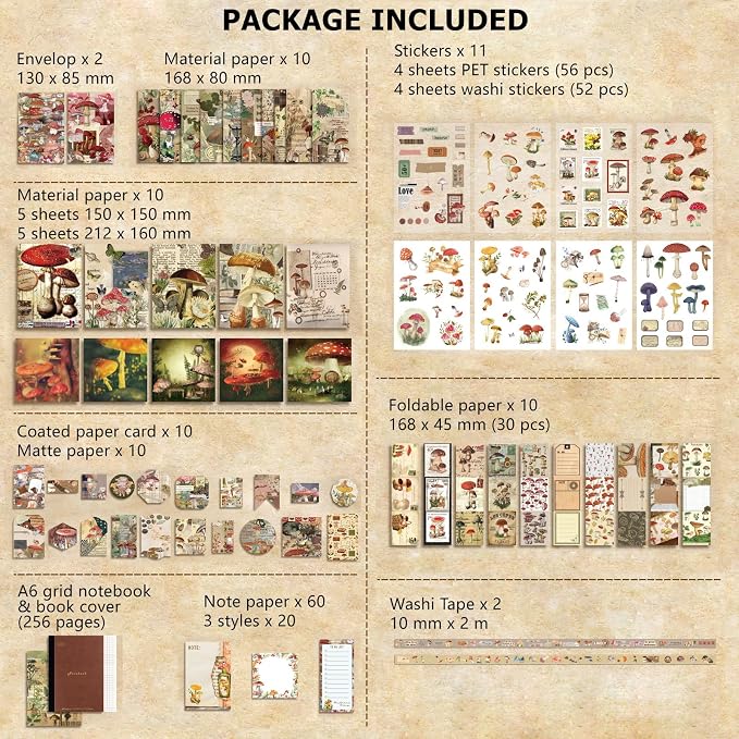 BoomTeck Vintage Scrapbooking Kit – Aesthetic Junk Journal Supplies with Scrapbook Paper, Washi Stickers, A6 Grid Notebook, DIY Craft Journaling Gift Set for Teens & Adults (Mushroom Theme)