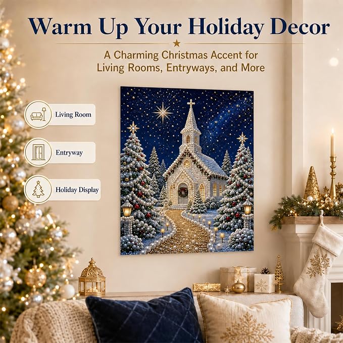 DIY Christmas Pearl Diamond Painting Kit, 5D Pearl Art Craft for Adults and Beginners, Christmas Church and Jesus Wall Decor, Holiday Gifts, 12 x 16 Inch (Church Design D)