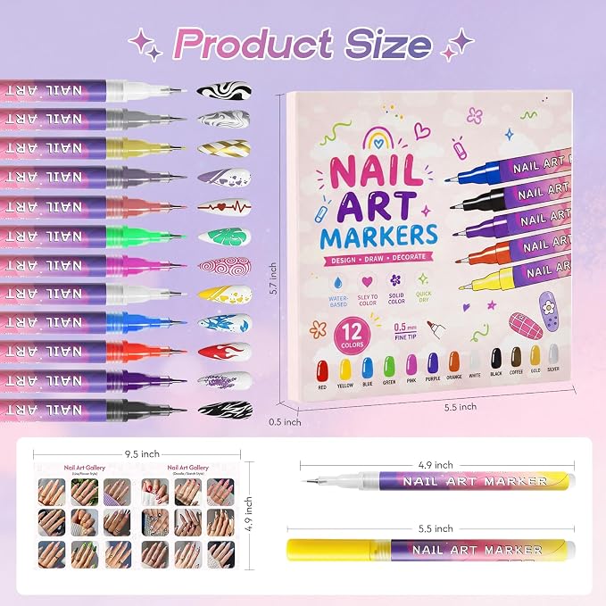 dabria Nail Art Pens for Painting Nails 12 Colors Nail Art Markers Set with 0.5 mm Fine Tip Nail Doodle Pens for Girls Kids Women (Upgraded)