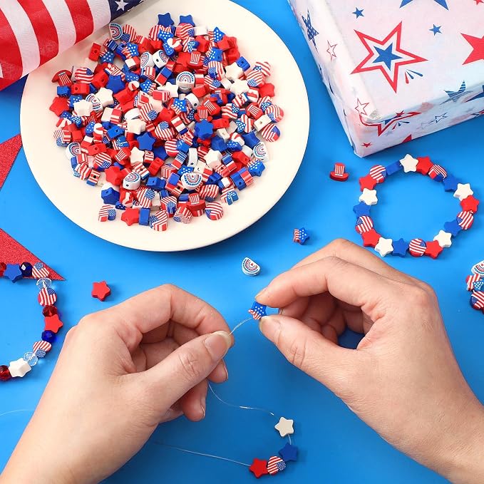 Augshy Patriotic Clay Beads,300Pcs Red White and Blue Beads for Bracelets