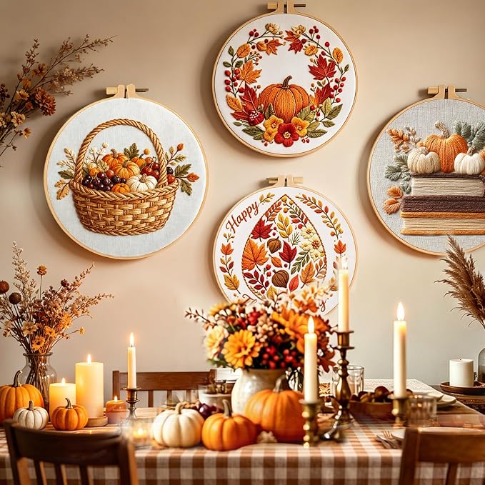 FONNUY Fall Embroidery Kit, Handmade Autumn Wreath Pre-Stamped Pattern for Beginners, Thanksgiving Harvest Home Decor, 8'' Hoop (Pumpkin Book)