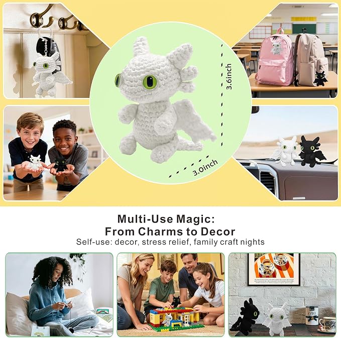 LuNuaFvy Crochet Kit for Beginners, Adults & Kids - Complete Animal Starter Kit to Make 2 Cute Dragons, Easy-to-Follow Book & Video Tutorial, Soft Yarn, Gift & Storage Bags