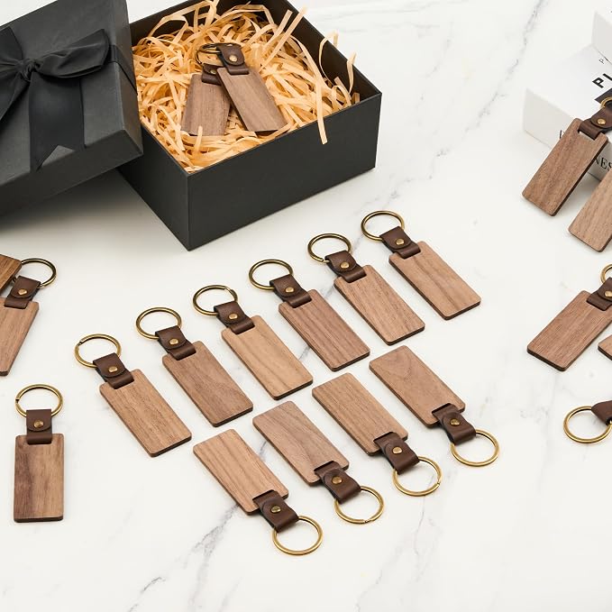 OMTech Wooden Keychain Blanks, Wood Key Chain Bulk, Unfinished Wooden Key Rings Key Tags for Laser Engraving DIY Craft Gift