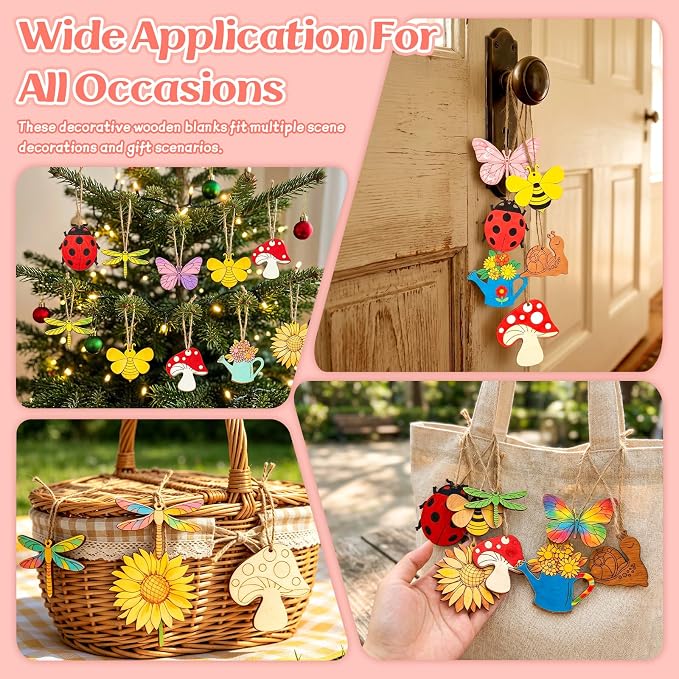 48PCS Unfinished Wooden Cutouts, Blank Hanging Craft Ornaments | 8 shapes Pre-drilled sling holes, blank unfinished wood for kids DIY painting, home hanging craft decor supplies