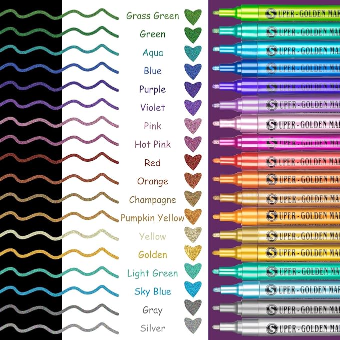SAKEYR Super Golden Metallic Paint Markers, 18 Colors Sparkle Metallic Glitter Markers, Acrylic Paint Pens for Rock Painting, Glass, Wood, Fabric, Black Paper, Cards, Scrapbook, DIY Art Crafts (2-3mm)