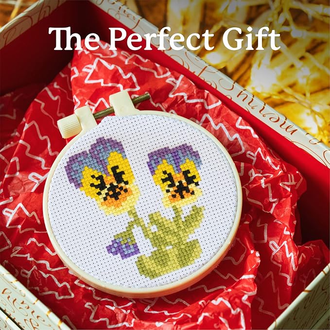 Kraftex Stamped Cross Stitch Kits for Beginners (Flower Theme - 6.75 Inch - 4 Pack 1 x Embroidery Hoop) Embroidery Needlepoint Patterns for Adults, Includes Poppy, Rose, Sunflower and Pansy