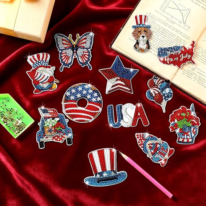 Zonon 12 Pcs 4th of July Diamond Art Magnets Patriotic Flag Gem Stickers | Red White Blue Designs, Diamond Magnets for Fridge Decor, American Themed Magnetic Kits, Adults DIY Home Celebrations