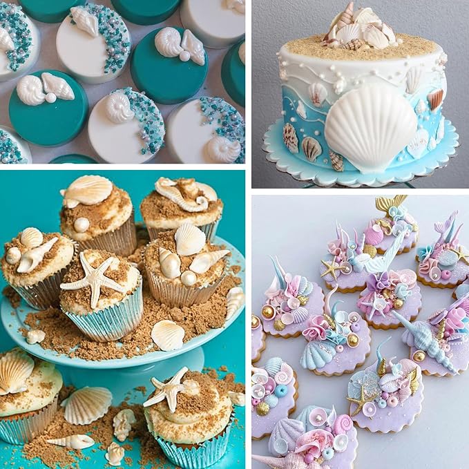 Sakolla Marine Theme Fondant Molds, 4 PCS Seashell Conch Starfish Baking Silicone Molds for Cake Decoration Chocolate Soap Crafting