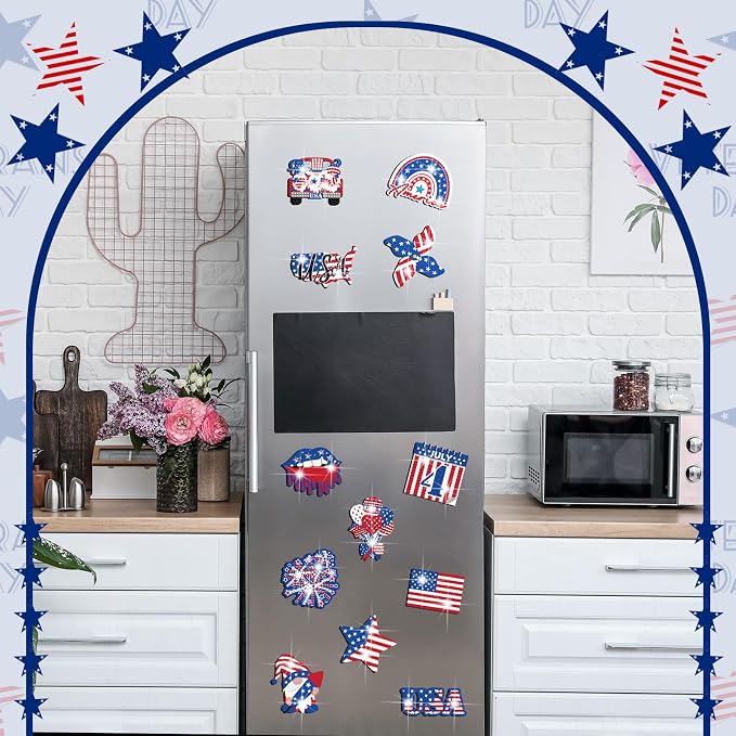 Zonon 12 Pcs 4th of July Diamond Painting Magnets Kit DIY American Flag Diamond Art Fridge Magnets for Adults Patriotic Independence Day Magnetic Stickers Home Decorations