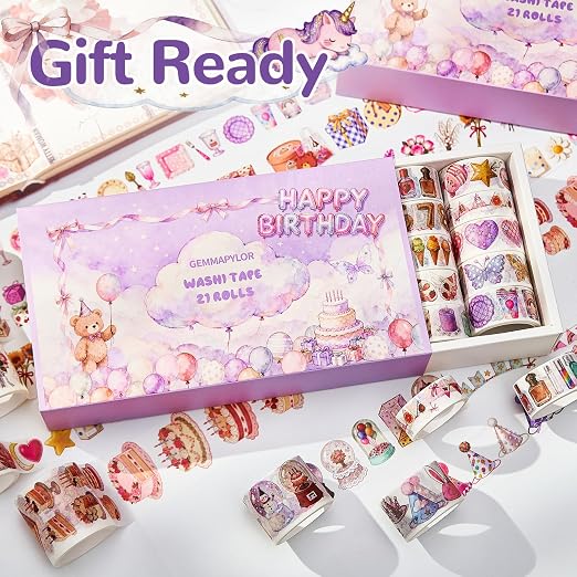 Birthday Washi Tape Set 21 Rolls for Junk Journal, Scrapbooking & DIY Craft