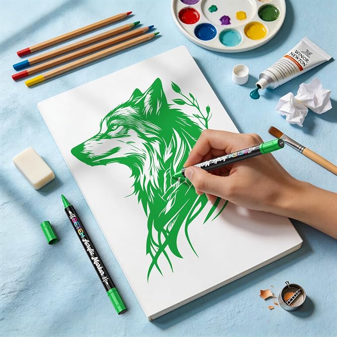 Betem 2 Paint Markers for Glass, Dual Tip Acrylic Paint Pens, Green | Window, Fabric, Wood, Rock, Canvas, Acrylic Markers with Fine & Brush Tip, Art & Craft Supplies, Wine Glass Markers