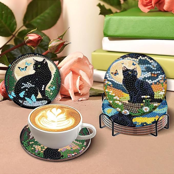 askkqtx 8 Pcs Black Cat Diamond Art Coasters Kits with Holder 4X4 Inch