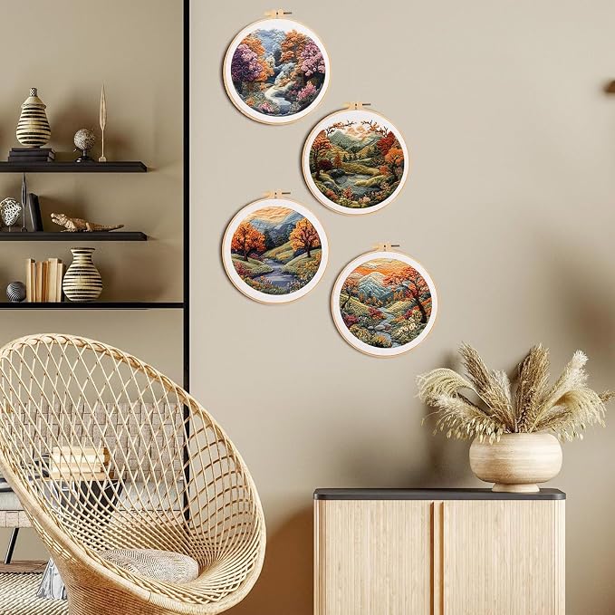 FONNUY Embroidery Kit for Beginners, Boho Nature Landscape Pre-Stamped Pattern Kits for Adults with Hoop, Easy to Follow Color Thread Needlework, 8'' Hoop (Mountain Trail)