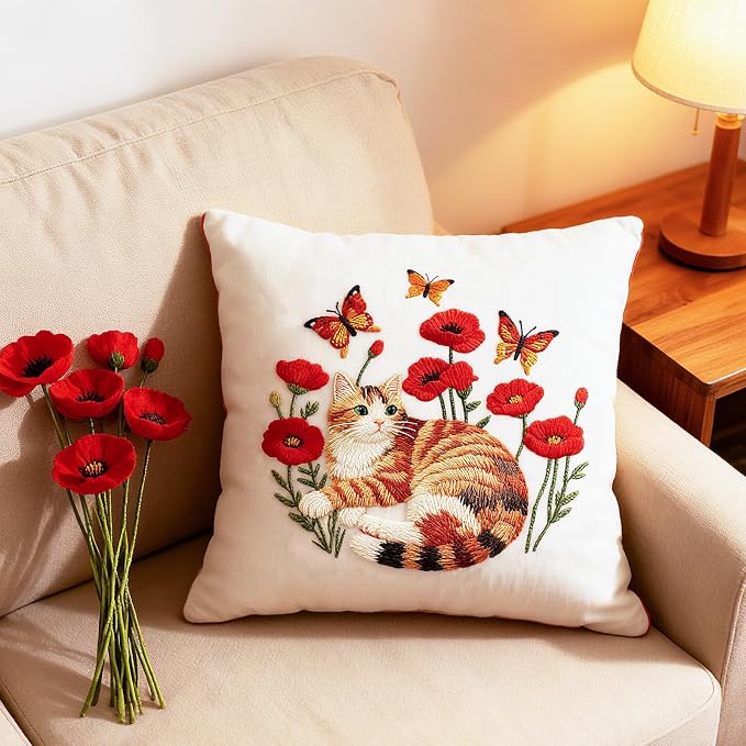 BEUNITONE 4 Set Embroidery Kit for Beginners, Cat and Butterfly Pre-Stamped Pattern Needlepoint Kits for Adults with Hoop and Instruction, Cute Hand Embroidery Patterns for Cloth and Home Decor
