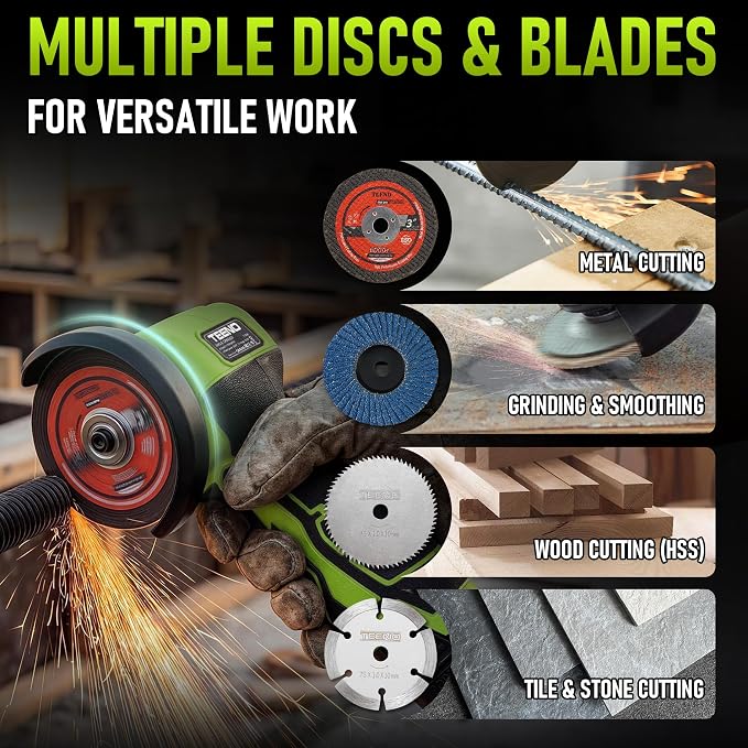 TEENO Cordless Angle Grinder 3 Inch, 19,500 RPM Mini Electric Angle Grinding Tool with 2 pcs 2000mAh Batteries and 6 Cutting Discs, 16.8V Handheld Grinder for Metal/Wood Cutting and Grinding