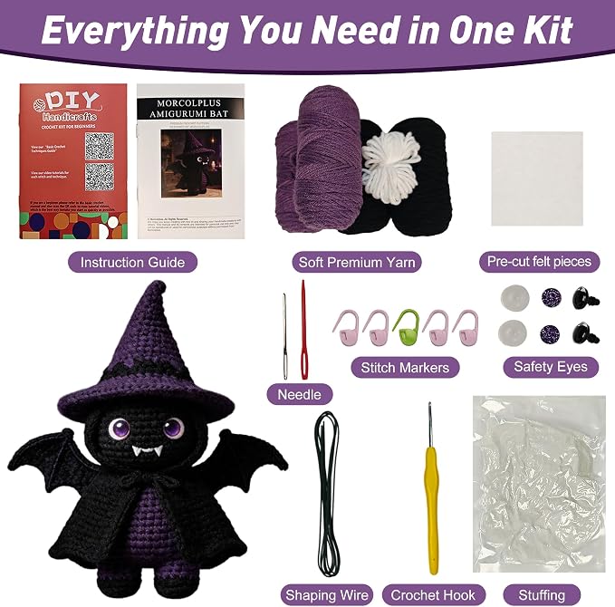 Morcolplus Bat Crochet Kit for Adults, Intermediate Gothic Amigurumi Crochet Kit with Step-by-Step Video Tutorials and All Materials Included, Gothic Room Decor Gift