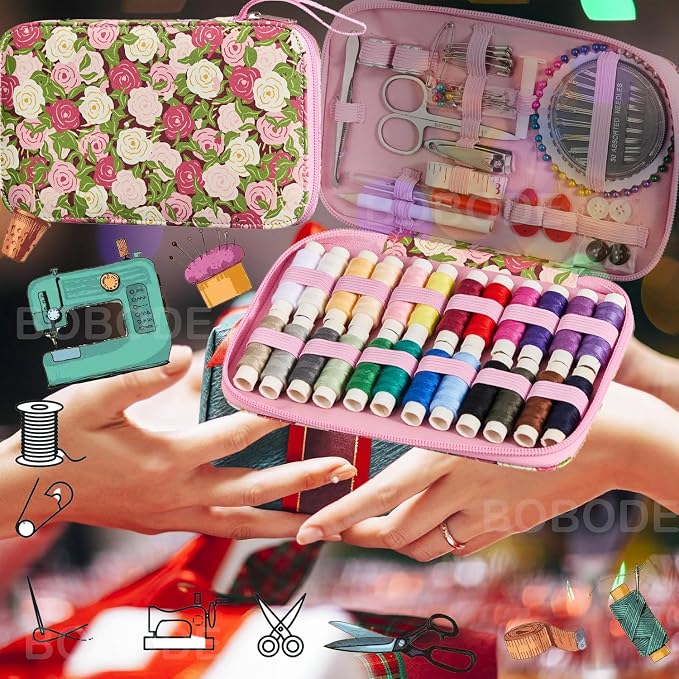 Rose Floral Sewing Kit with 130 PCS Sewing Supplies Accessory,PU Zipper Sewing Needles Set, Professional Travel Sewing Kit for Adults,Emergency, Beginners